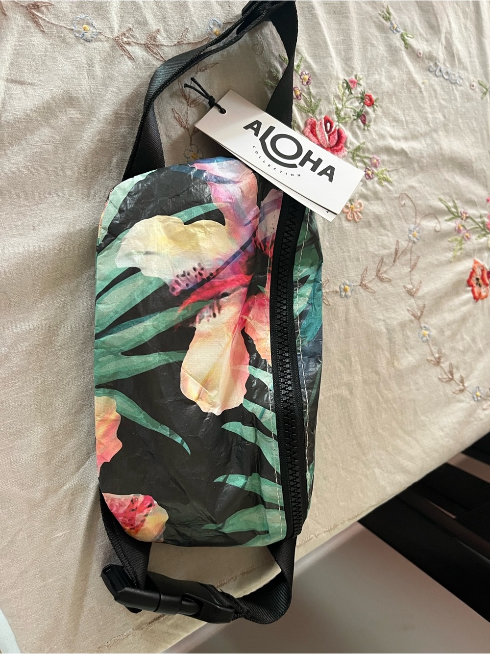 ALOHA Collection Black Crossbody Bag with Pink & Green Tropical Print